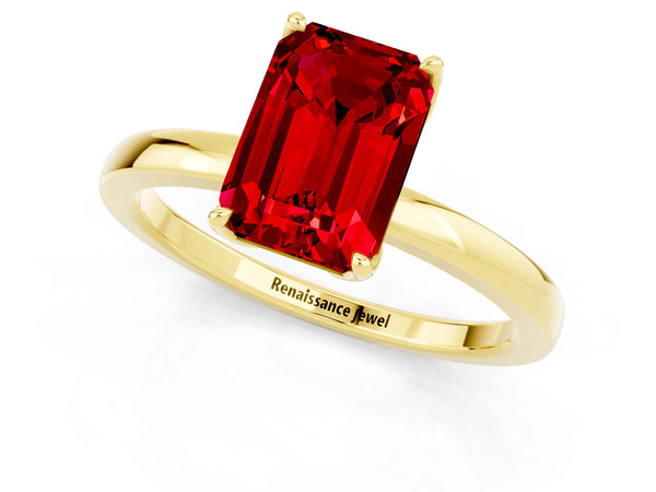 Yellow gold Emerald Cut Ruby Solitaire Ring with Thin Band and Prong Setting