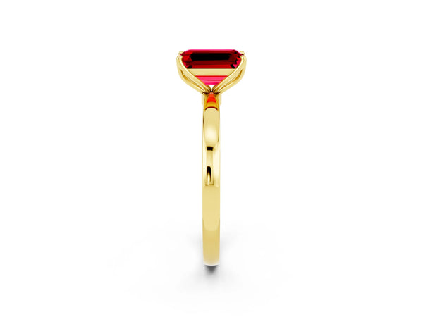 Yellow gold Emerald Cut Ruby Solitaire Ring with Thin Band and Prong Setting