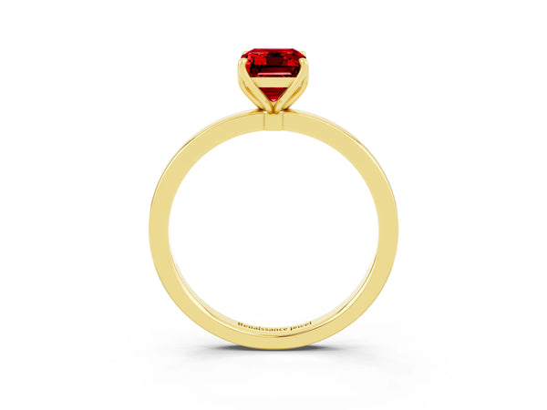 Yellow gold Emerald Cut Ruby Solitaire Ring with Thin Band and Prong Setting