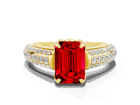 Yellow gold Emerald Cut Ruby Solitaire Ring with Three-Row Pavé Band and Four-Prong Setting_12