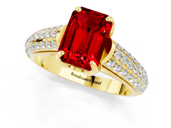 Yellow gold Emerald Cut Ruby Solitaire Ring with Three-Row Pavé Band and Four-Prong Setting