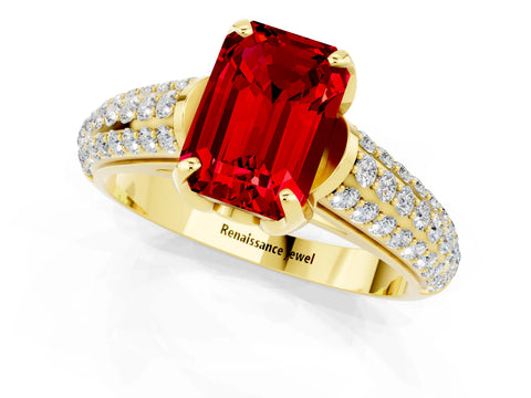 Yellow gold Emerald Cut Ruby Solitaire Ring with Three-Row Pavé Band and Four-Prong Setting_13
