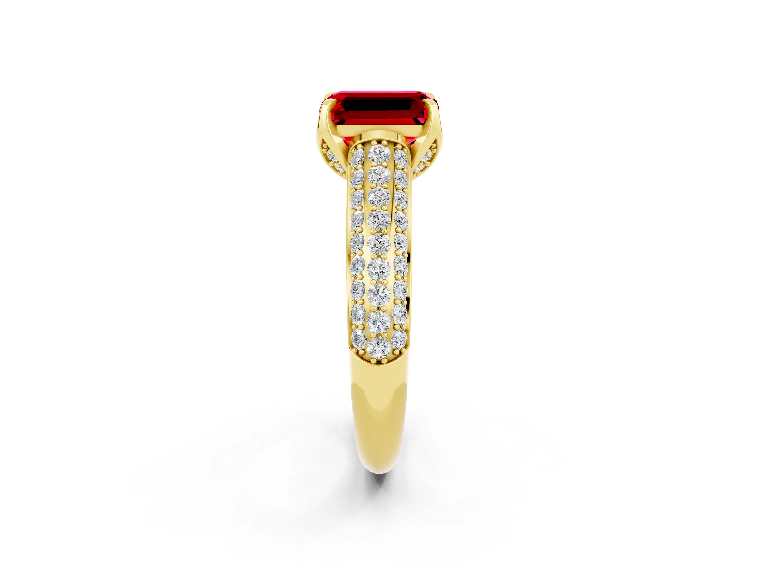 Yellow gold Emerald Cut Ruby Solitaire Ring with Three-Row Pavé Band and Four-Prong Setting_14