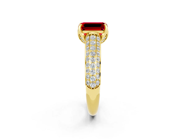 Yellow gold Emerald Cut Ruby Solitaire Ring with Three-Row Pavé Band and Four-Prong Setting