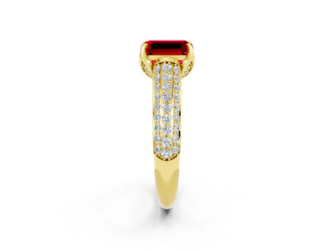 Yellow gold Emerald Cut Ruby Solitaire Ring with Three-Row Pavé Band and Four-Prong Setting_14