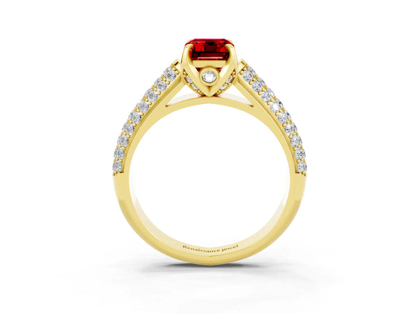 Yellow gold Emerald Cut Ruby Solitaire Ring with Three-Row Pavé Band and Four-Prong Setting