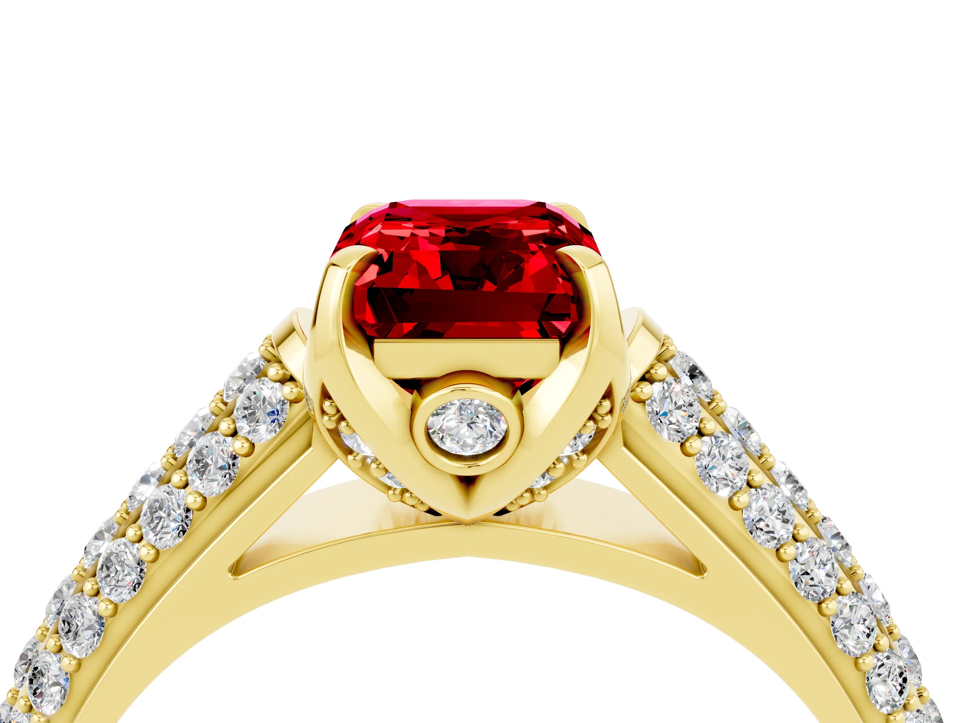 Yellow gold Emerald Cut Ruby Solitaire Ring with Three-Row Pavé Band and Four-Prong Setting_16