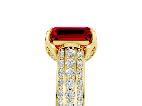 Yellow gold Emerald Cut Ruby Solitaire Ring with Three-Row Pavé Band and Four-Prong Setting_17