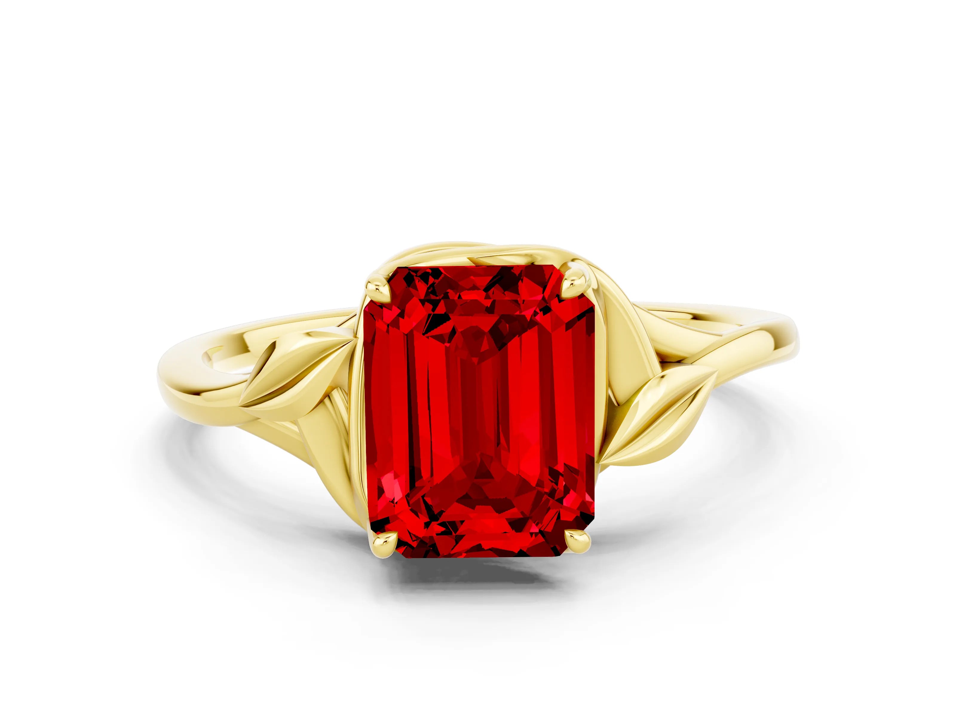 Yellow gold Emerald Cut Ruby Solitaire Ring with Twist Band and Four-Prong Setting_24