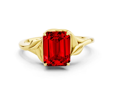Yellow gold Emerald Cut Ruby Solitaire Ring with Twist Band and Four-Prong Setting_24