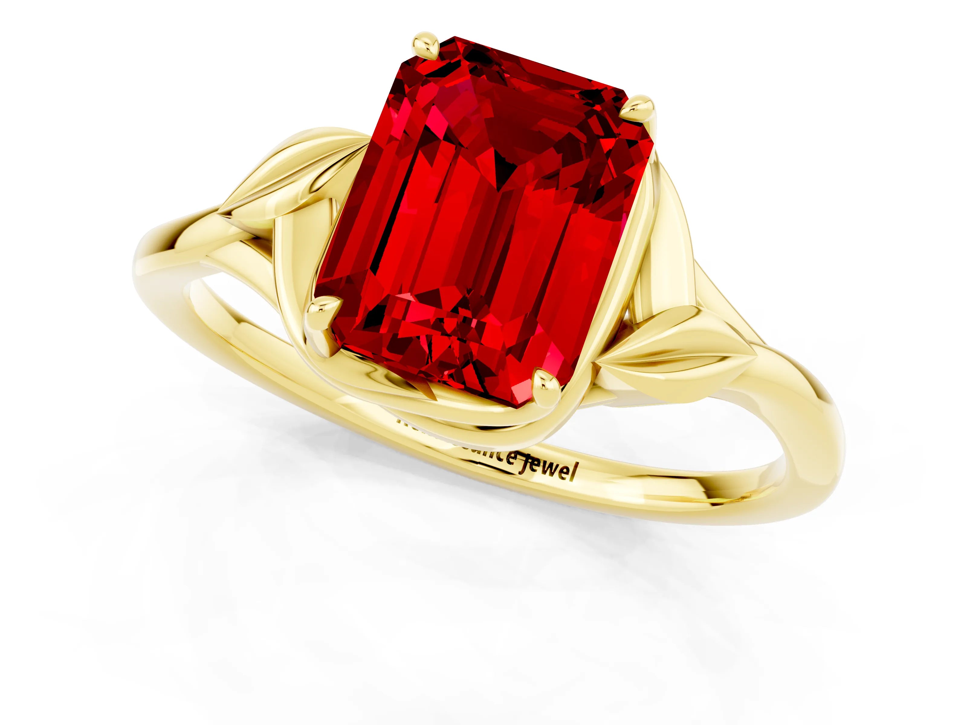 Yellow gold Emerald Cut Ruby Solitaire Ring with Twist Band and Four-Prong Setting_25