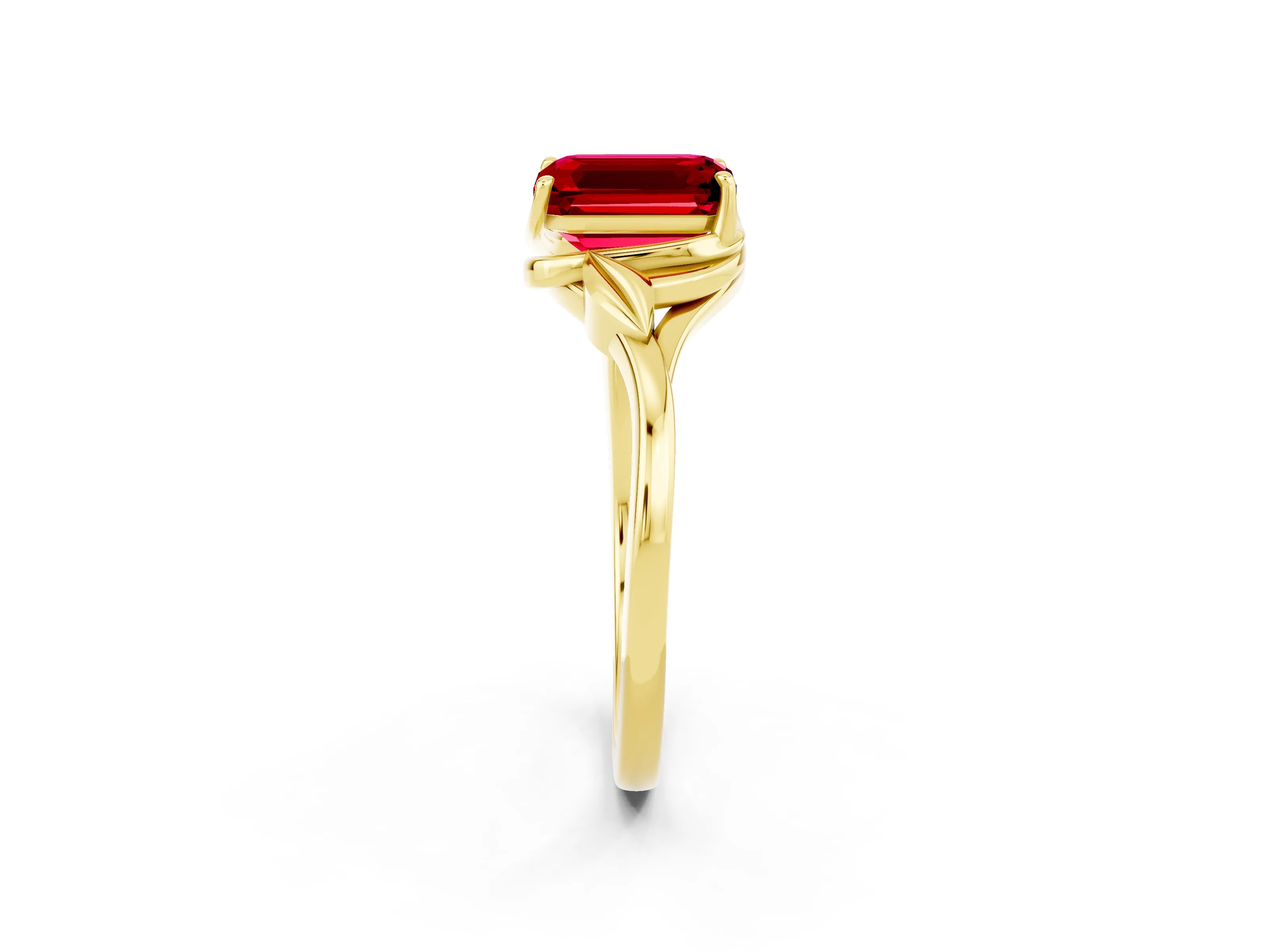 Yellow gold Emerald Cut Ruby Solitaire Ring with Twist Band and Four-Prong Setting_26