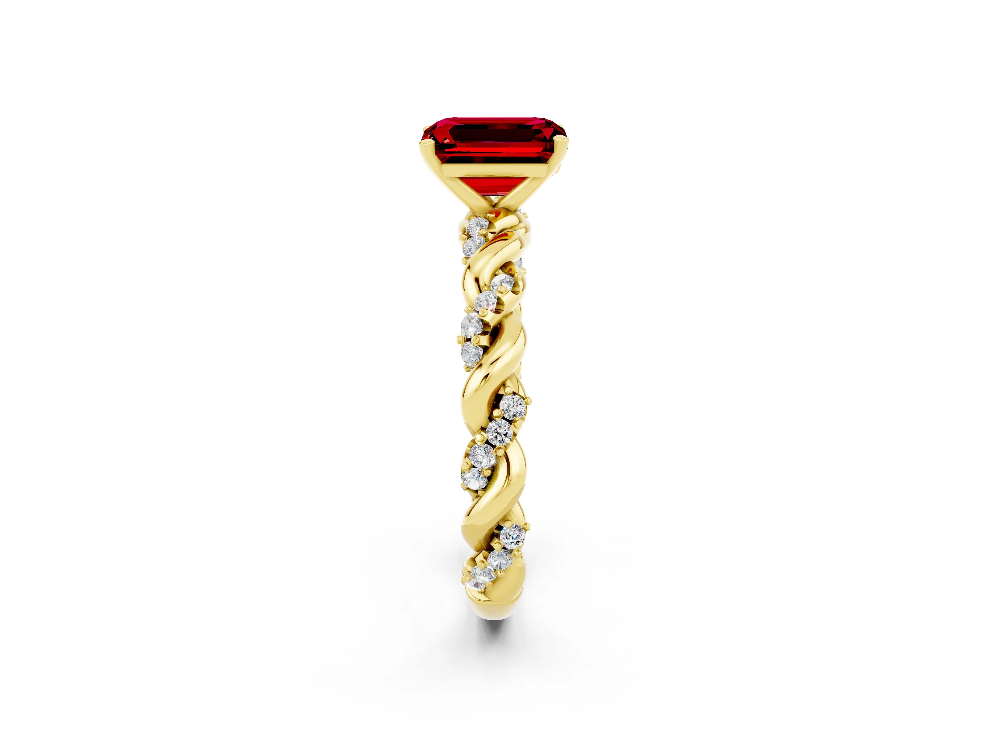 Yellow gold Emerald Cut Ruby Solitaire Ring with Twisted Band and Pavé Accents_2