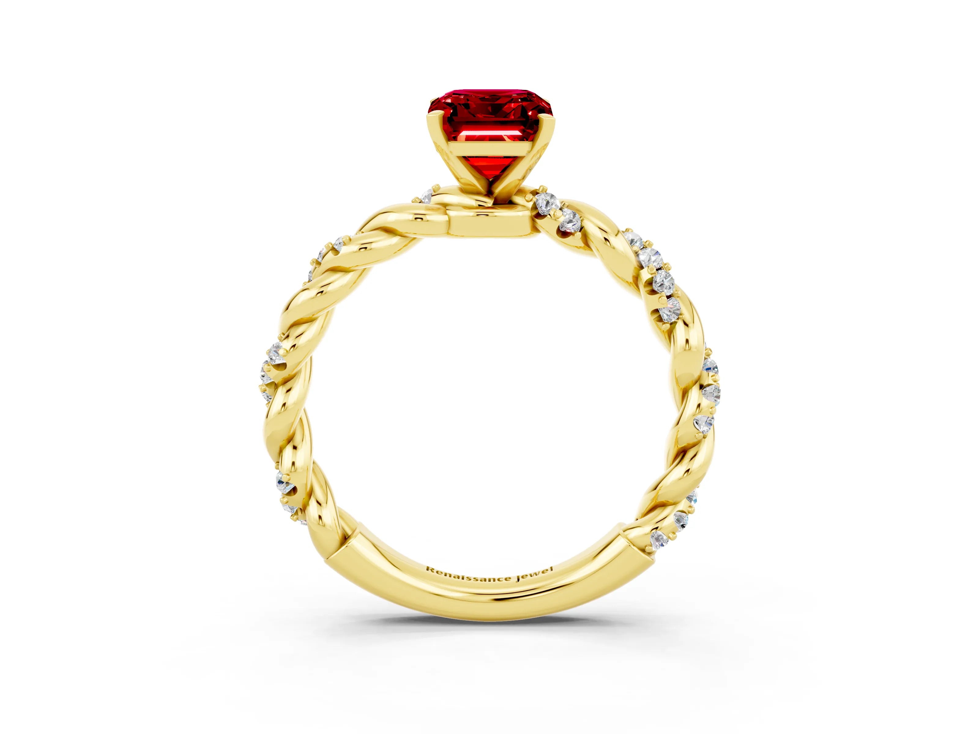 Yellow gold Emerald Cut Ruby Solitaire Ring with Twisted Band and Pavé Accents_3