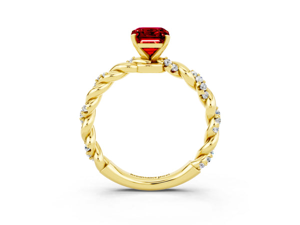 Yellow gold Emerald Cut Ruby Solitaire Ring with Twisted Band and Pavé Accents