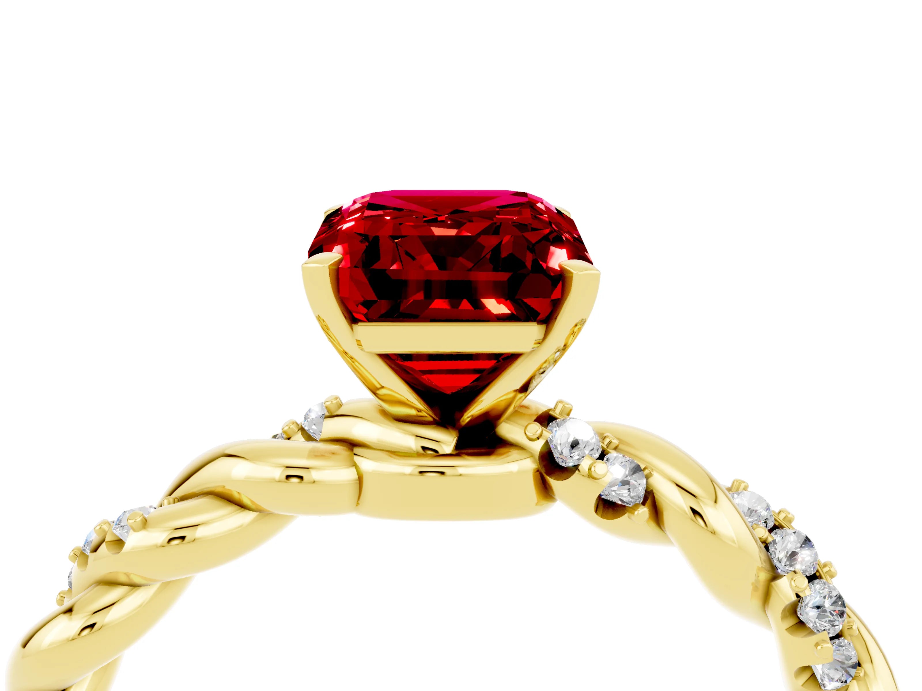 Yellow gold Emerald Cut Ruby Solitaire Ring with Twisted Band and Pavé Accents_4