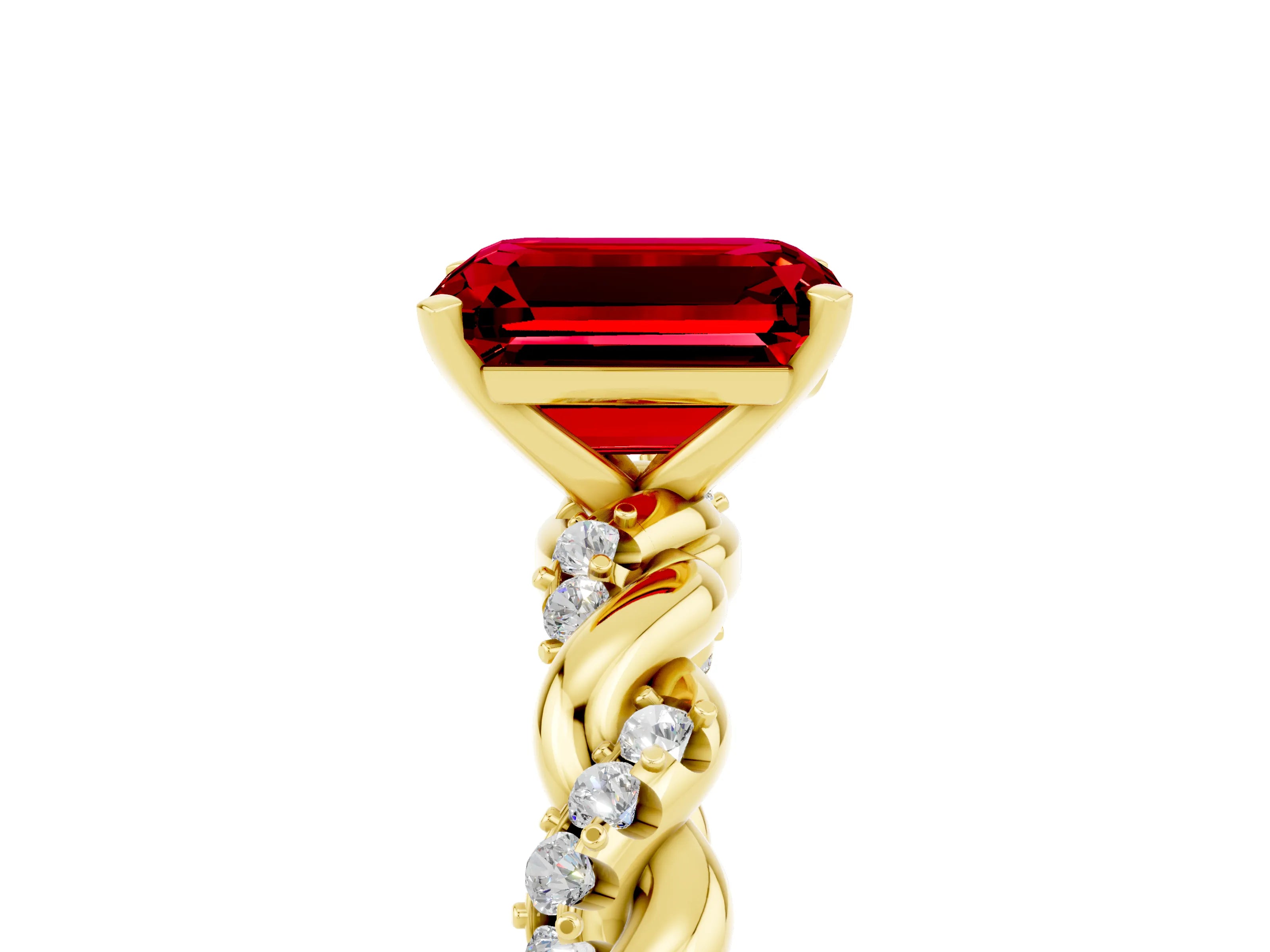 Yellow gold Emerald Cut Ruby Solitaire Ring with Twisted Band and Pavé Accents_5