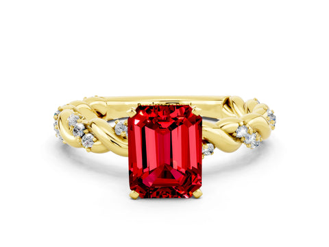 Yellow gold Emerald Cut Ruby Solitaire Ring with Twisted Band and Pavé Accents