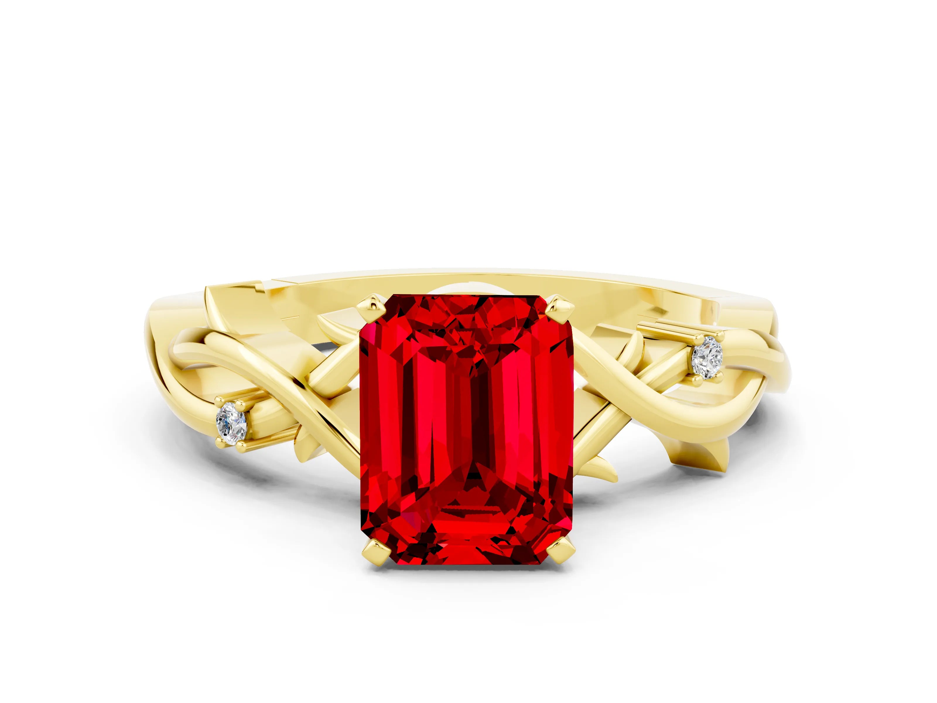 Yellow gold Emerald Cut Ruby Solitaire Ring with Twisted Band and Prong Setting