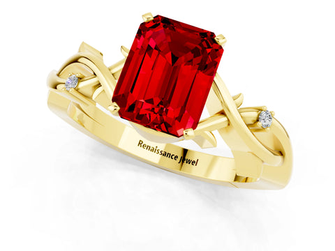 Yellow gold Emerald Cut Ruby Solitaire Ring with Twisted Band and Prong Setting_1