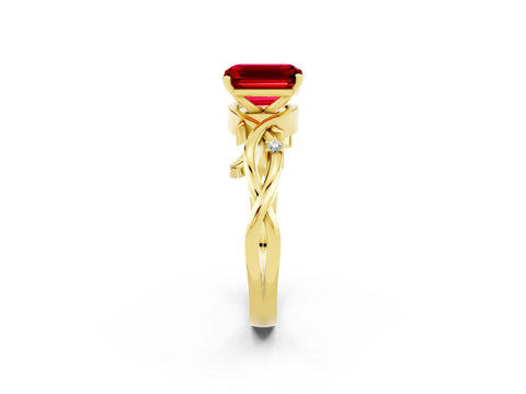 Yellow gold Emerald Cut Ruby Solitaire Ring with Twisted Band and Prong Setting_2
