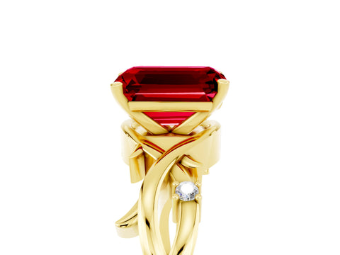 Yellow gold Emerald Cut Ruby Solitaire Ring with Twisted Band and Prong Setting_5