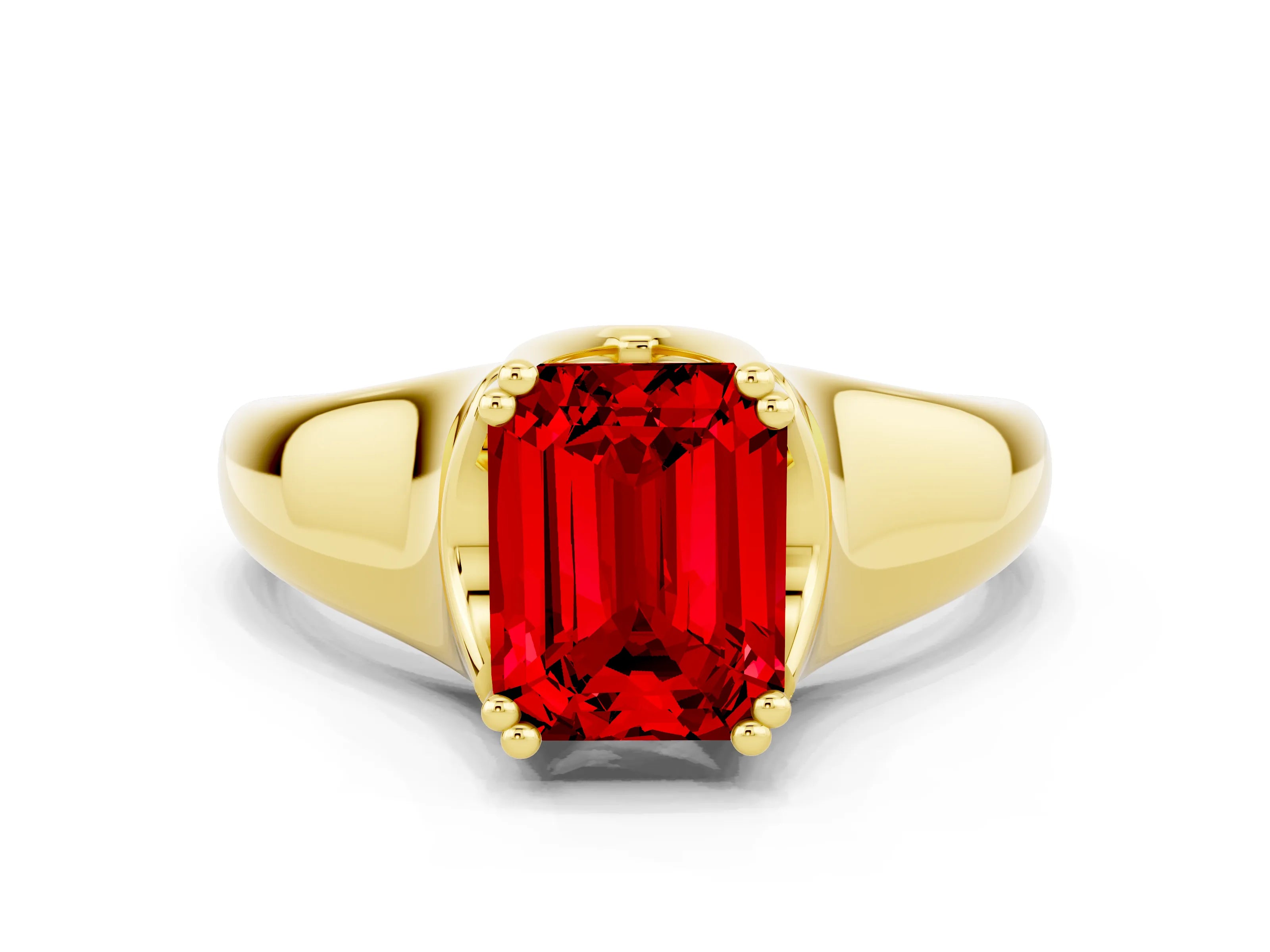 Yellow gold Emerald Cut Ruby Solitaire Ring with Wide Band and Prong Setting