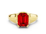 Yellow gold Emerald Cut Ruby Solitaire Ring with Wide Band and Prong Setting