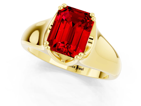 Yellow gold Emerald Cut Ruby Solitaire Ring with Wide Band and Prong Setting