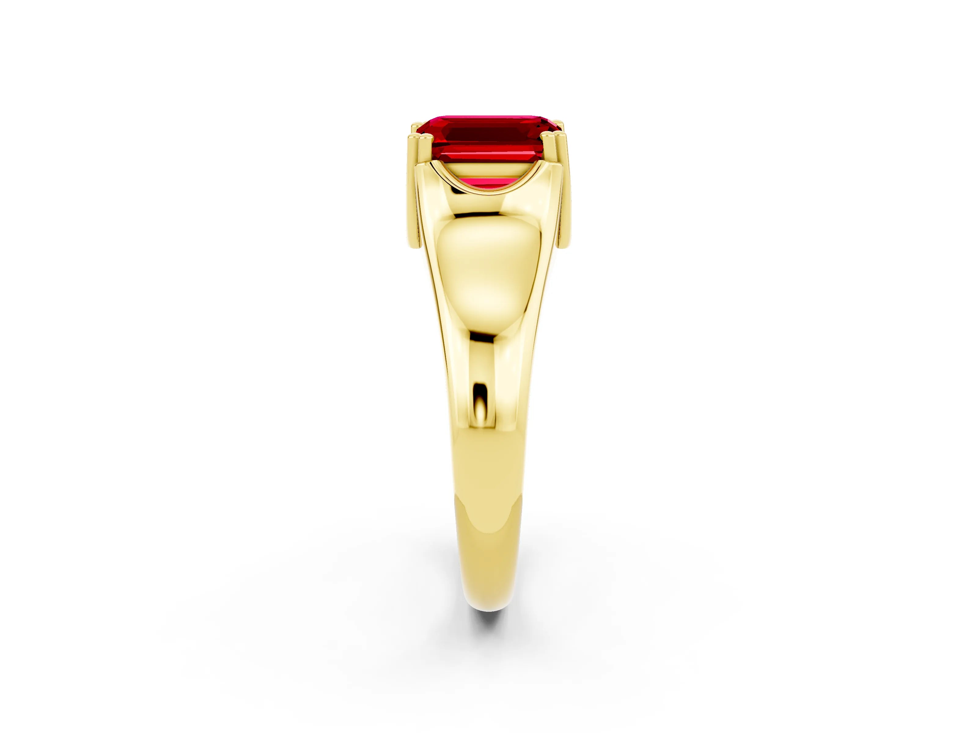 Yellow gold Emerald Cut Ruby Solitaire Ring with Wide Band and Prong Setting_2