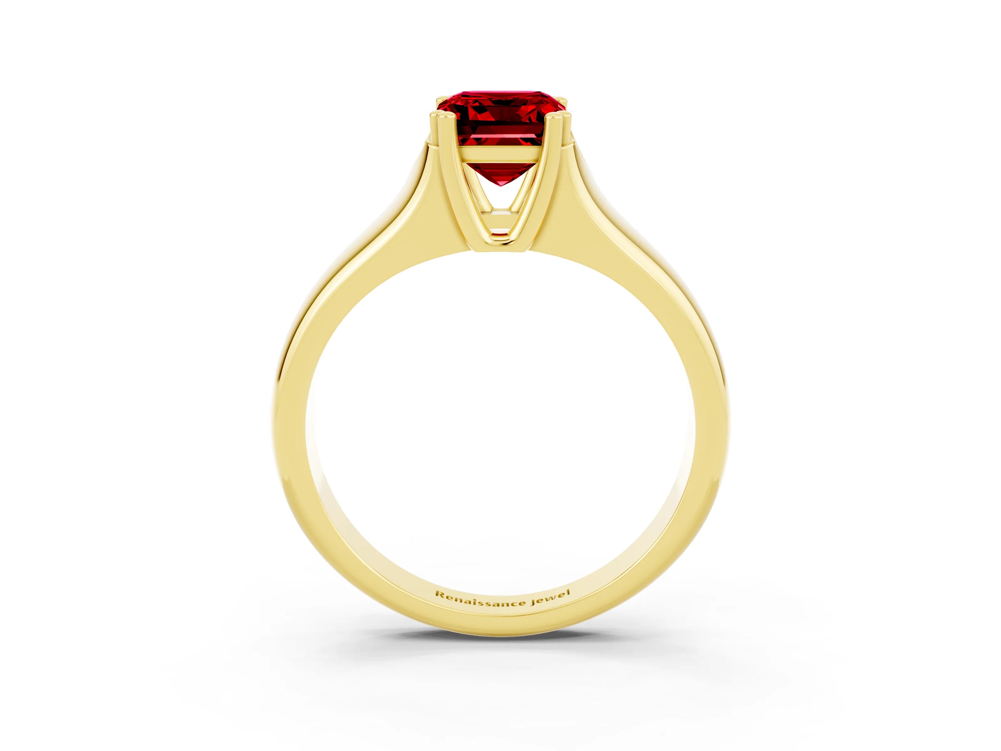 Yellow gold Emerald Cut Ruby Solitaire Ring with Wide Band and Prong Setting_3