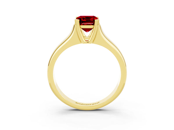 Yellow gold Emerald Cut Ruby Solitaire Ring with Wide Band and Prong Setting