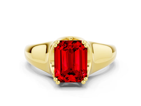 Yellow gold Emerald Cut Ruby Solitaire Ring with Wide Band and Prong Setting