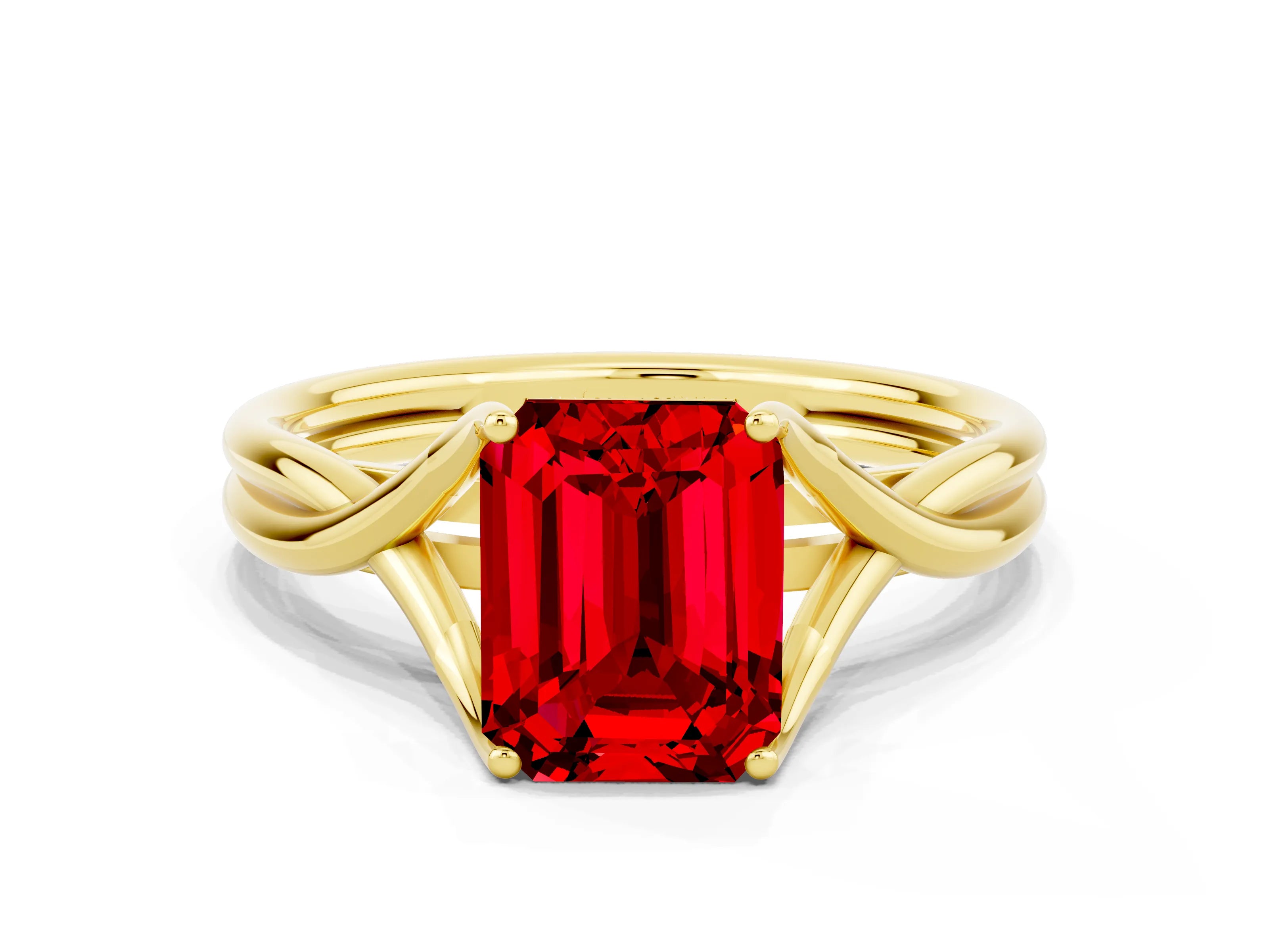 Yellow gold Emerald Cut Ruby Solitaire Twist Band Prong Setting Ring_36