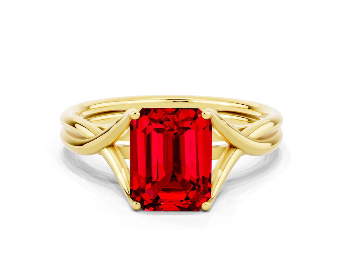 Yellow gold Emerald Cut Ruby Solitaire Twist Band Prong Setting Ring_36