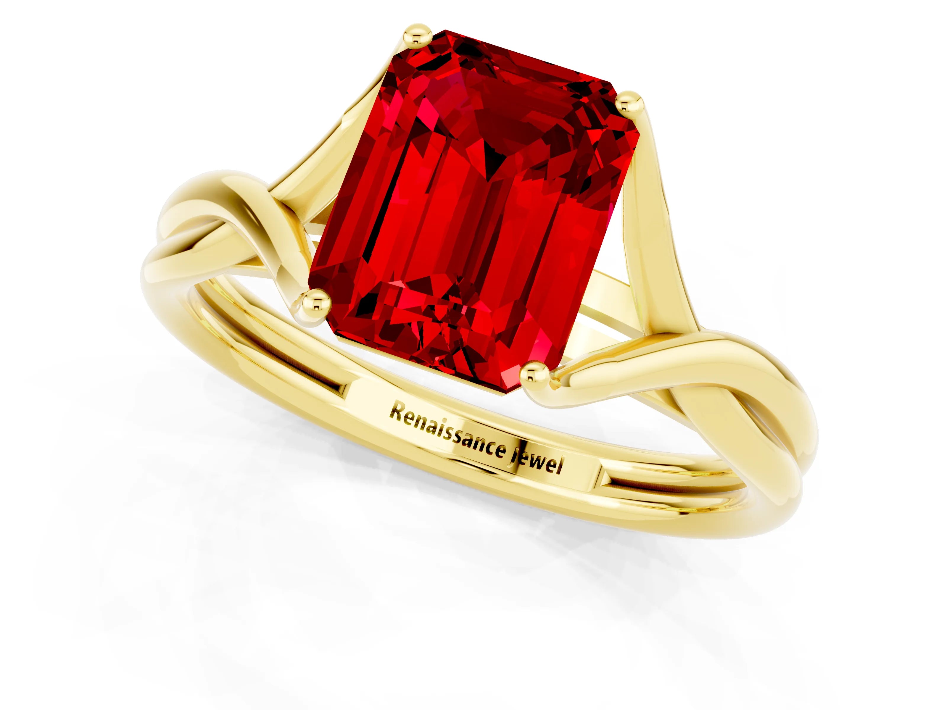 Yellow gold Emerald Cut Ruby Solitaire Twist Band Prong Setting Ring_37