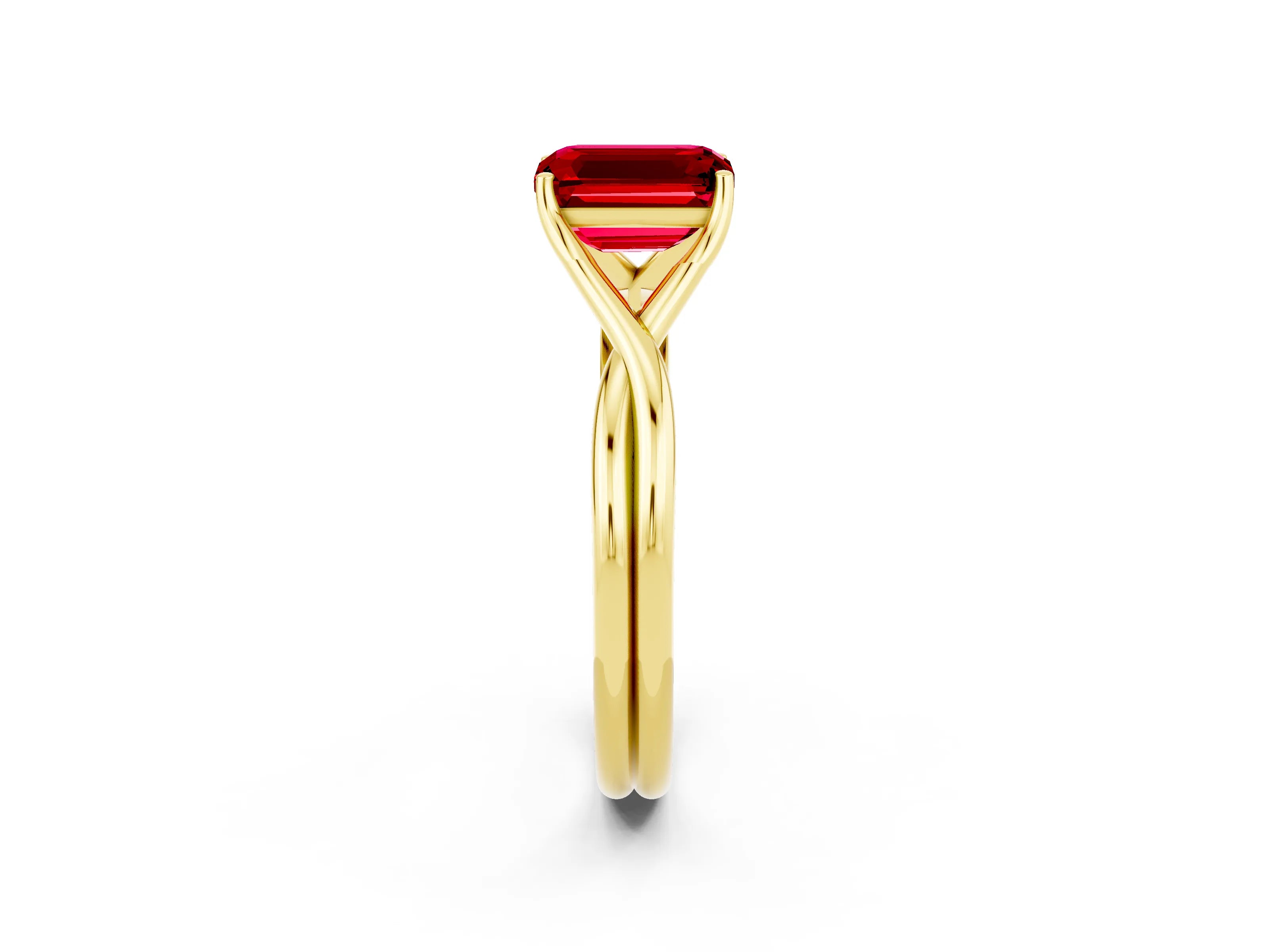 Yellow gold Emerald Cut Ruby Solitaire Twist Band Prong Setting Ring_38