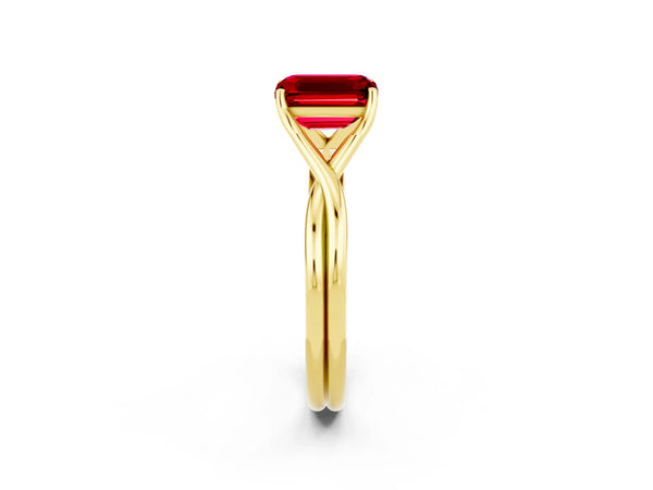 Yellow gold Emerald Cut Ruby Solitaire Twist Band Prong Setting Ring