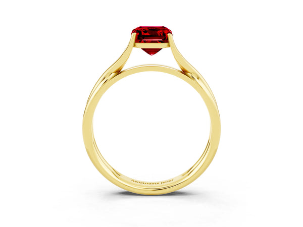 Yellow gold Emerald Cut Ruby Solitaire Twist Band Prong Setting Ring