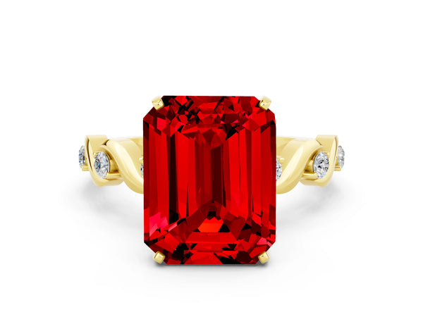 Yellow gold Emerald Cut Ruby Solitaire Twisted Band with Round  Accents and Prong Setting