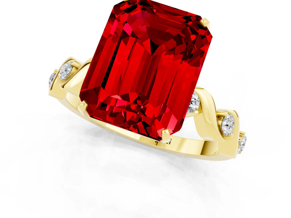 Yellow gold Emerald Cut Ruby Solitaire Twisted Band with Round  Accents and Prong Setting