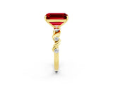 Yellow gold Emerald Cut Ruby Solitaire Twisted Band with Round  Accents and Prong Setting_14