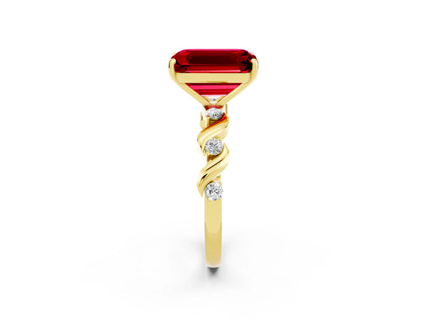 Yellow gold Emerald Cut Ruby Solitaire Twisted Band with Round  Accents and Prong Setting