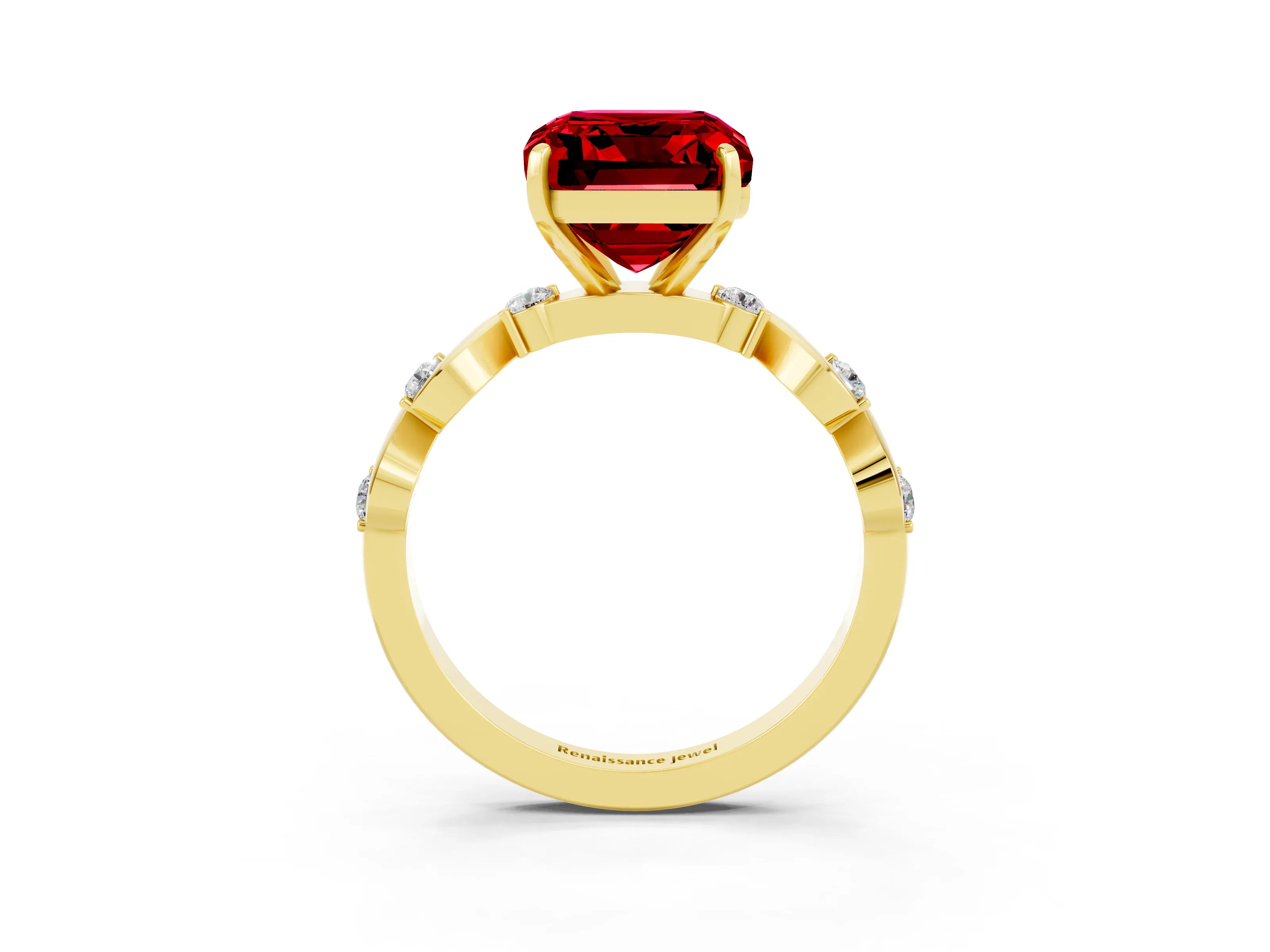 Yellow gold Emerald Cut Ruby Solitaire Twisted Band with Round  Accents and Prong Setting_15