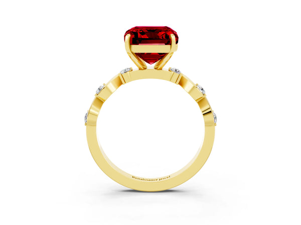 Yellow gold Emerald Cut Ruby Solitaire Twisted Band with Round  Accents and Prong Setting