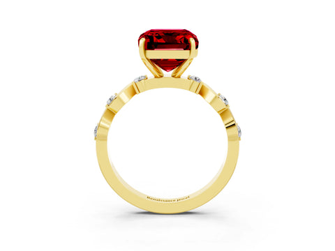Yellow gold Emerald Cut Ruby Solitaire Twisted Band with Round  Accents and Prong Setting_15