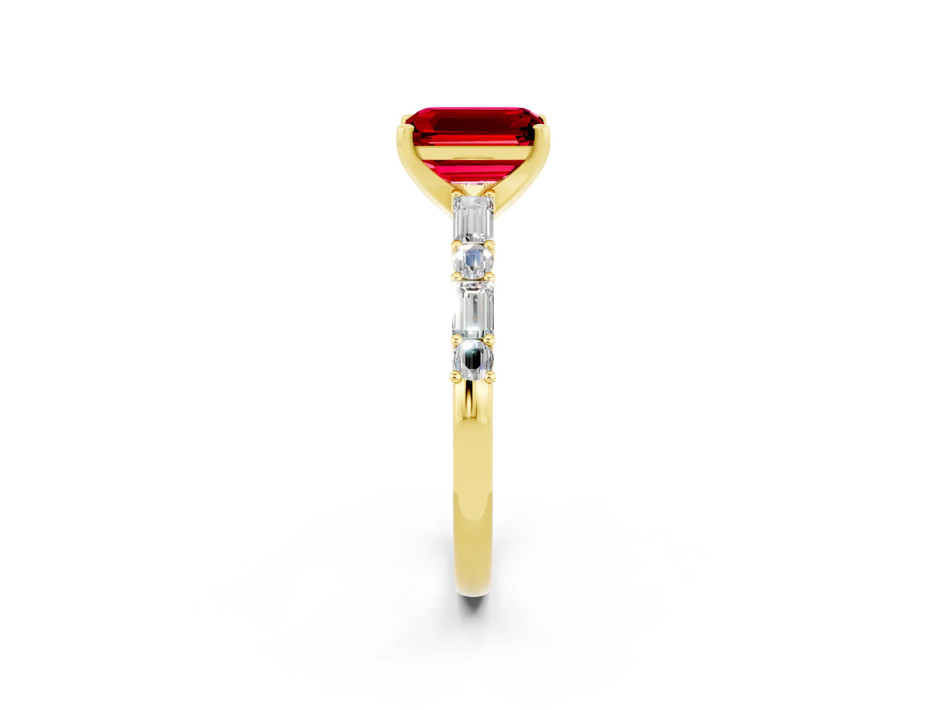 Yellow gold Emerald Cut Ruby Solitaire with Side Baguettes and Channel Set Band_2