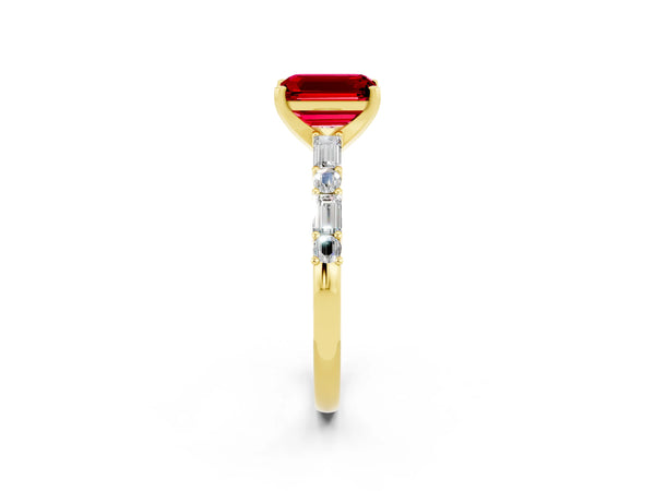 Yellow gold Emerald Cut Ruby Solitaire with Side Baguettes and Channel Set Band