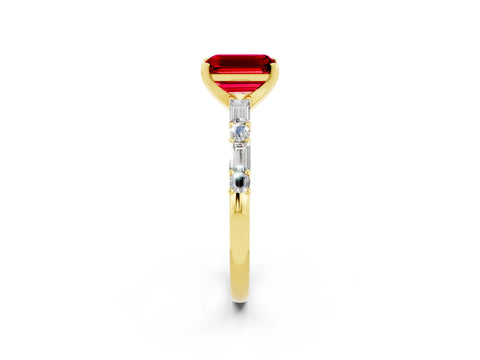 Yellow gold Emerald Cut Ruby Solitaire with Side Baguettes and Channel Set Band_2