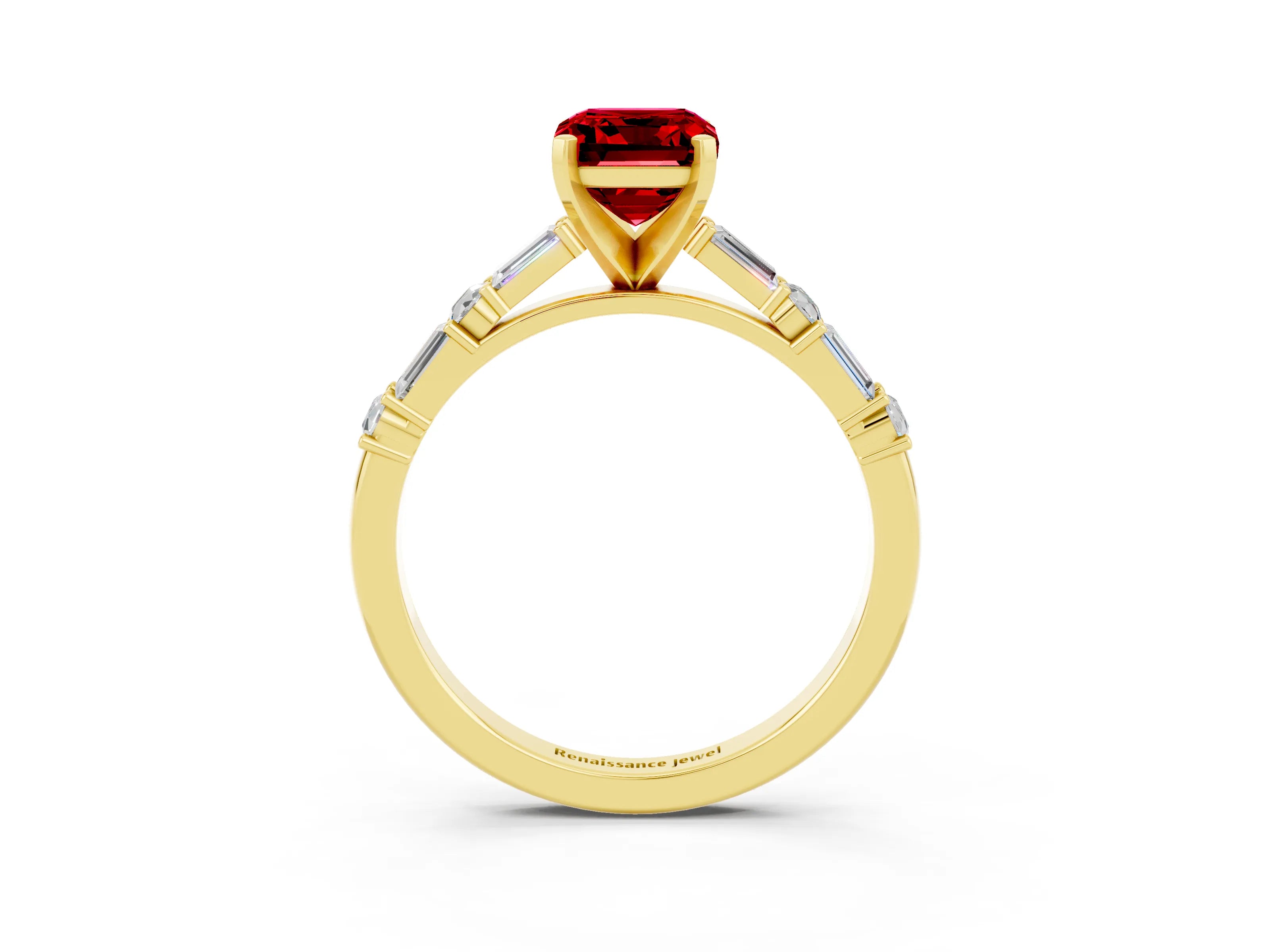 Yellow gold Emerald Cut Ruby Solitaire with Side Baguettes and Channel Set Band_3